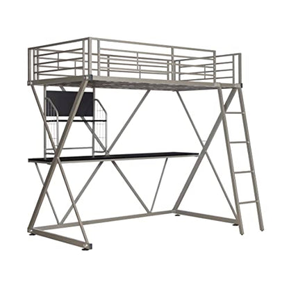 Powell Furniture Z-Bedroom Metal Pewter Powder Coated Twin Size Loft Study Bunk Bed with Computer Desk