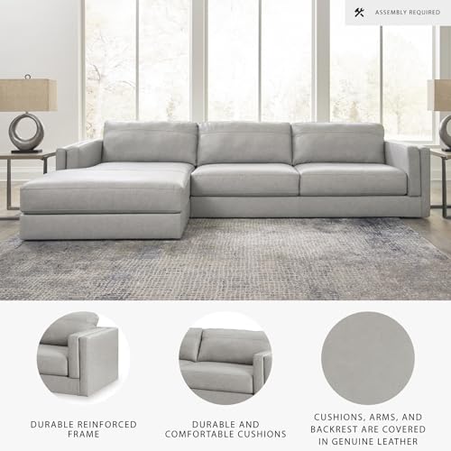 Signature Design by Ashley Amiata Sectional Couch, Sag-Resistant Platform Foundation, Combination of Leather and Faux Leather for Living Rooms, 137-Inch L-Shaped Sofa with Chaise, Glacier Gray