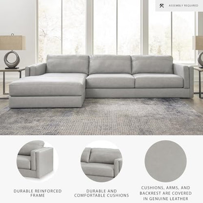 Signature Design by Ashley Amiata Sectional Couch, Sag-Resistant Platform Foundation, Combination of Leather and Faux Leather for Living Rooms, 137-Inch L-Shaped Sofa with Chaise, Glacier Gray