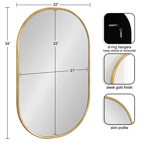 Caskill Modern Rounded Capsule Hanging Wall Mirror; 22 x 34; Gold; Glam Round Rectangular Narrow Mirror for Wall