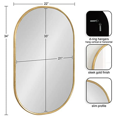 Caskill Modern Rounded Capsule Hanging Wall Mirror; 22 x 34; Gold; Glam Round Rectangular Narrow Mirror for Wall