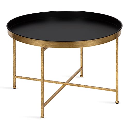 Celia Modern Round Coffee Table; 28 x 28 x 19; Black and Gold; Coffee Table for Living Room Decor; Storage; and Display