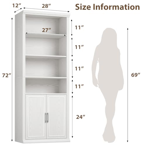 28" W Bookcase and Bookshelf with Doors, Modern Tall Bookshelf 6-Tier White Bookshelves with Storage Cabinet for Office, Living Room, Library