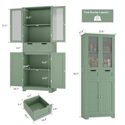 67" Tall Bathroom Storage Cabinet, Freestanding Storage Cabinet with Glass Door and Shelves, Kitchen Pantry Linen Cabinet with 2 Drawers for Bathroom, Living Room, Dining Room, Green
