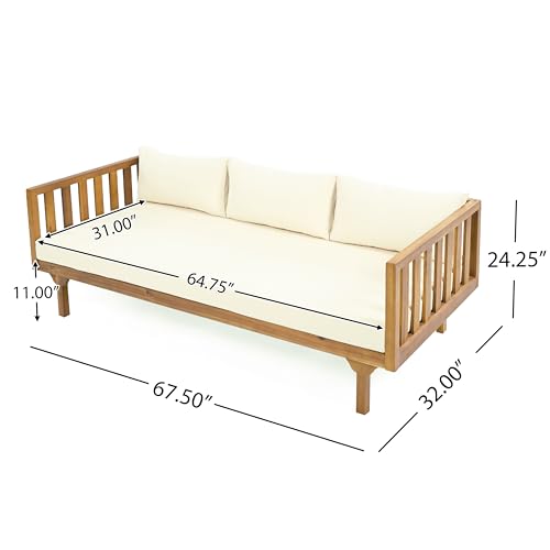 Outdoor 4-Piece Acacia Wood Conversation Set - Patio 3-Seat Loveseat Sofa Daybed with Cushion, 2 Armchair and Round Coffee Table for Backyard, Lawn, Balcony, Teak + Beige
