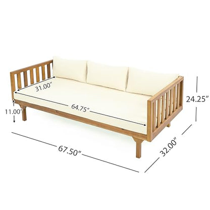 Outdoor 4-Piece Acacia Wood Conversation Set - Patio 3-Seat Loveseat Sofa Daybed with Cushion, 2 Armchair and Round Coffee Table for Backyard, Lawn, Balcony, Teak + Beige