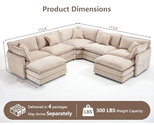 Oversized Modular Sectional Sofa, 7 Seater Deep Seat Cloud Couch Sectional | Chenille Corner Couch | 7 Pillows, 2 Ottomans | Sectional Couches for Spacious Living Room, Large Families| Light Camel