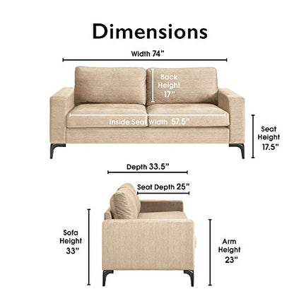 Tommy Hilfiger Austin Upholstered Sofa, Contemporary Square Arms Living Room Couch for Small Space, Plush Cushions, Wooden Frame and Legs, American Cream