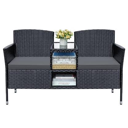 Patio Loveseat Outdoor Wicker Furniture Conversation Set with Soft Cushions & Built-in Coffee Table for Lawn Garden Backyard, Gray