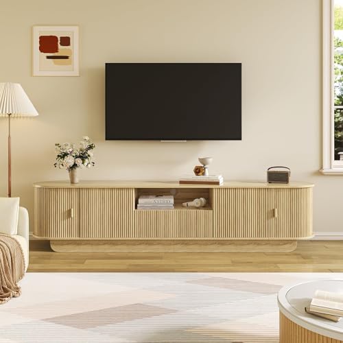 86.6'' Fluted TV Stand for 55-85 Inch, Natural Wood TV Console, view 2