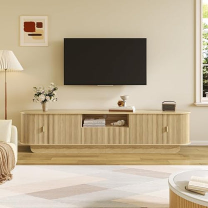 86.6'' Fluted TV Stand for 55-85 Inch, Natural Wood TV Console, view 2