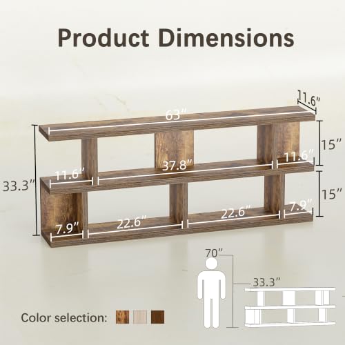 63" Low Bookcase Long Bookshelf, Wide Storage Shelves, Rustic Brown, view 3
