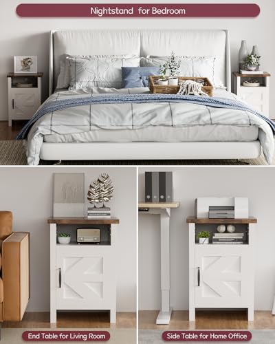 Farmhouse Modern Nightstand with Shelf and Barn Door, Set of 1 for Bedroom, White