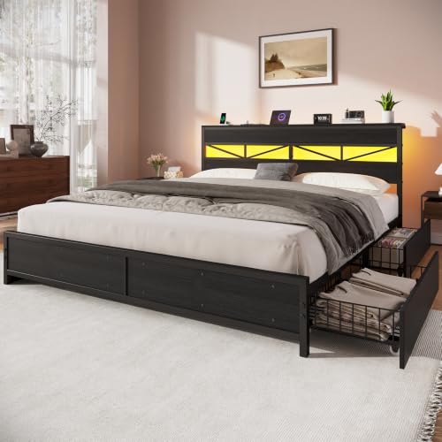King Size Bed Frame with Storage Headboard and Charging Station, Black, view 3