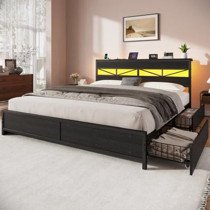 King Size Bed Frame with Storage Headboard and Charging Station, Black, view 3