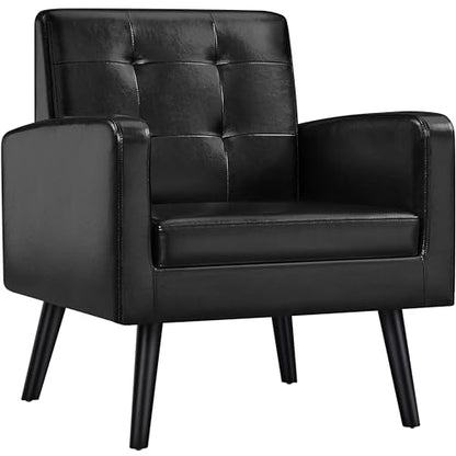 Yaheetech Mid-Century Accent Chairs, PU Leather Modern Upholstered Living Room Chair, Cozy Armchair Button Tufted Back and Wood Legs for Bedroom/Office/Cafe Black