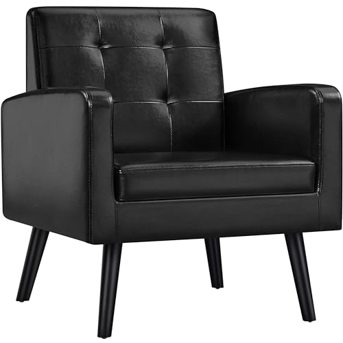 Yaheetech Mid-Century Accent Chairs, PU Leather Modern Upholstered Living Room Chair, Cozy Armchair Button Tufted Back and Wood Legs for Bedroom/Office/Cafe Black