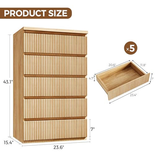 Fluted 5 Drawer Dresser for Bedroom, 43" Tall Dresser for Bedroom, view 4