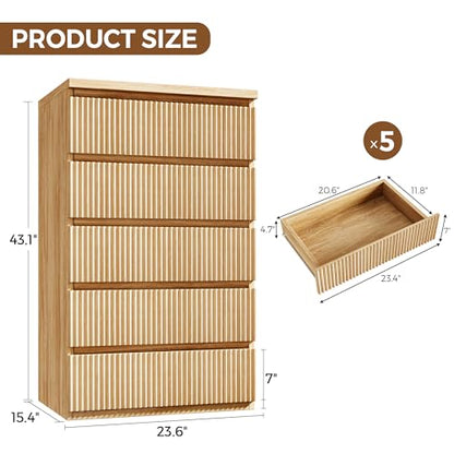 Fluted 5 Drawer Dresser for Bedroom, 43" Tall Dresser for Bedroom, view 4