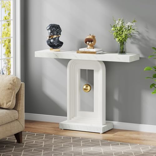 Tribesigns Modern Console Table, 40 Inches Faux Marble Sofa Table, Contemporary Entryway Table with Pendulum Shape Base for Living Room Hallway Entrance, White