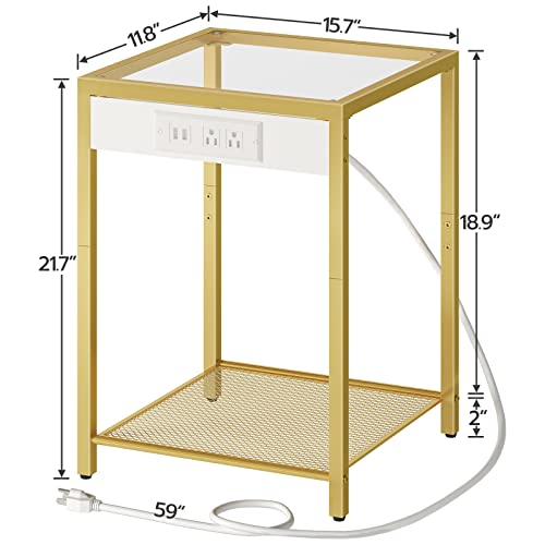 Side Table with Charging Station, Set of 2 End Tables with USB Port, Nightstand for Tight Spaces, Tempered Glass, Modern Metal Frame, for Office, Bedroom, Living Room, Gold GD76UBZP201