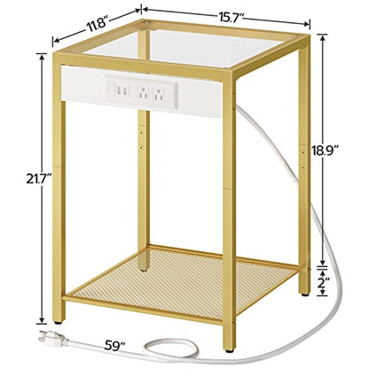 Side Table with Charging Station, Set of 2 End Tables with USB Port, Nightstand for Tight Spaces, Tempered Glass, Modern Metal Frame, for Office, Bedroom, Living Room, Gold GD76UBZP201