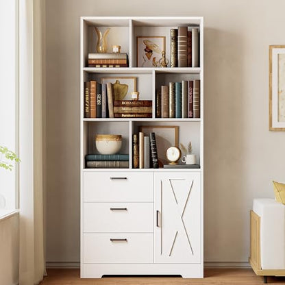 70.9-Inch Bookcase with Doors and 3 Drawers, White, view 3