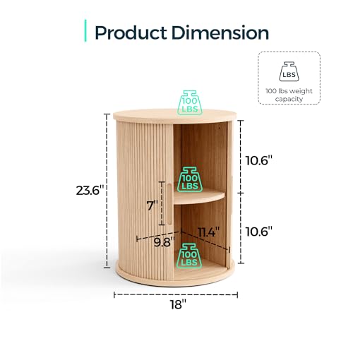 Round Fluted End Table, Tall Side Table with Sliding Tambour Door and Storage Shelf, Modern Bedside Table, Mid-Century Nightstand for Living Room, Bedroom, Oak