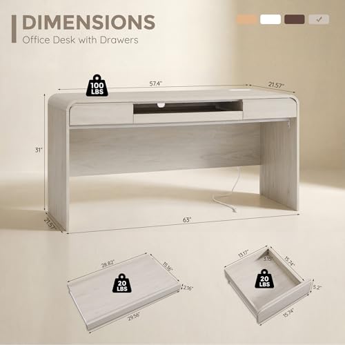 63" Modern Computer Desk with 2 Drawers, Wood Curved (Cream), view 3