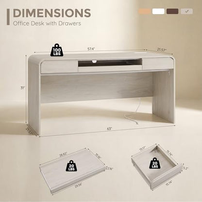 63" Modern Computer Desk with 2 Drawers, Wood Curved (Cream), view 3