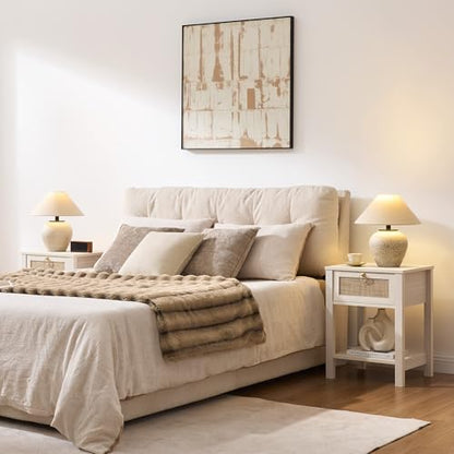 White Nightstand Set of 2,Rattan Decor Drawer with Brass Knobs Night Stand Bedside Table Boho End Tables Side Tables with Storage Shelf for Bedroom,Small Space