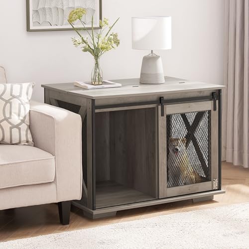 28" H Farmhouse Style Wooden Dog Crate with Sliding Barn Door, view 7