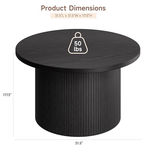 31.5" Round Coffee Table, Tambour Design Coffee Tables for Living Room, Mid Century Modern Wood Coffee Table, Drum Accent Small Center Table, Black