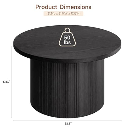 31.5" Round Coffee Table, Tambour Design Coffee Tables for Living Room, Mid Century Modern Wood Coffee Table, Drum Accent Small Center Table, Black