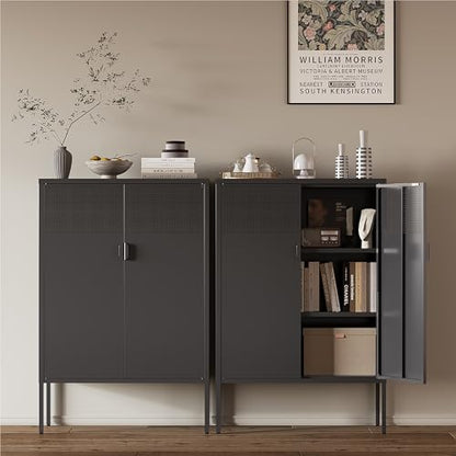 Black Metal Storage Cabinet,2 Door TV Stand, Metal Mesh Accent Cabinet,Magnetic Door Closure,Low Storage Cabinets with Doors and Shelf for Home,Office,Living Room