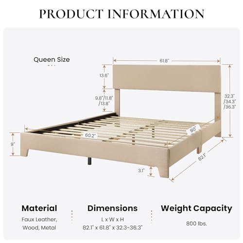 Linen Upholstered Queen Size Bed Frame with Headboard, Beige, view 3