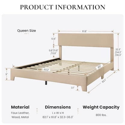 Linen Upholstered Queen Size Bed Frame with Headboard, Beige, view 3