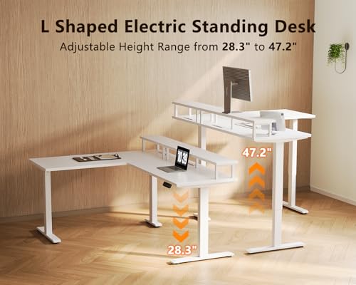 Electric L-Shaped Standing Desk, 59 Inch Height Adjustable Office Desk with Monitor Stand, Sit-Stand Desk with Power Outlets, Large Lift Table for Home, Office, Workstation, White