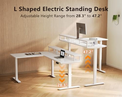 Electric L-Shaped Standing Desk, 59 Inch Height Adjustable Office Desk with Monitor Stand, Sit-Stand Desk with Power Outlets, Large Lift Table for Home, Office, Workstation, White