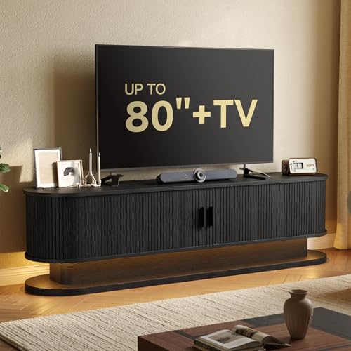 70" TV Stand up to 80 Inch with LED Lights and Power Outlet, Black, view 2