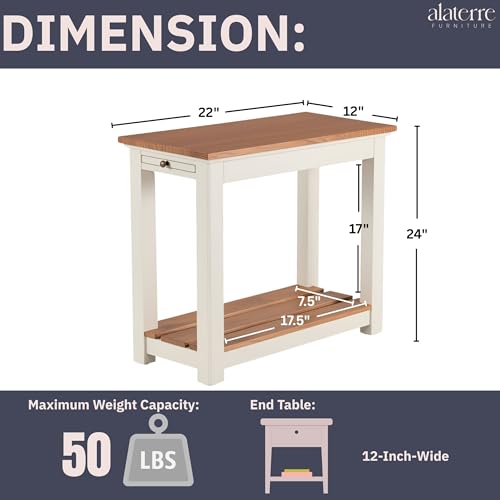Savannah Narrow End Table – 12” W x 22” D Small Side Table with Pull-Out Tray and Storage Shelf – Farmhouse Nightstand for Living Room or Bedroom by (Ivory and Natural Wood Finish)