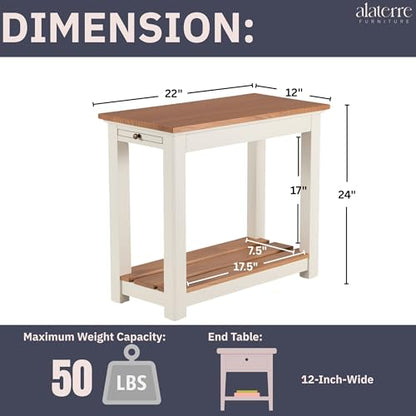 Savannah Narrow End Table – 12” W x 22” D Small Side Table with Pull-Out Tray and Storage Shelf – Farmhouse Nightstand for Living Room or Bedroom by (Ivory and Natural Wood Finish)
