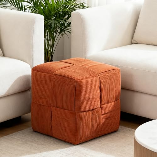 Square Footstool, Modern Upholstered Small Ottoman Cute Make up Stool for Foot Rest with Wood Frame for Living Room Bedroom, Orange Corduroy.