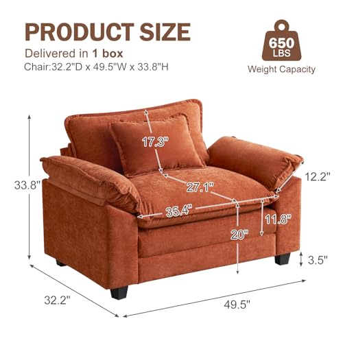 Oversized Accent Chair, Chenille Comfy Cloud Sofa Chair with Large Seat and Upholstered Armrests, Modern Extra Wide Armchair Reading Chairs for Bedroom, Living Room,Terracotta Orange