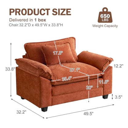 Oversized Accent Chair, Chenille Comfy Cloud Sofa Chair with Large Seat and Upholstered Armrests, Modern Extra Wide Armchair Reading Chairs for Bedroom, Living Room,Terracotta Orange