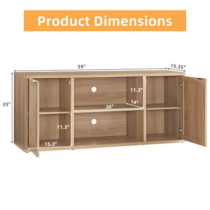 Rattan TV Stands for Living Room, Boho TV Cabinet with Storage and Open Shelf, Rustic Wood Entertainment Center, Media Console for 50-65 Inch TV, Natural Wood