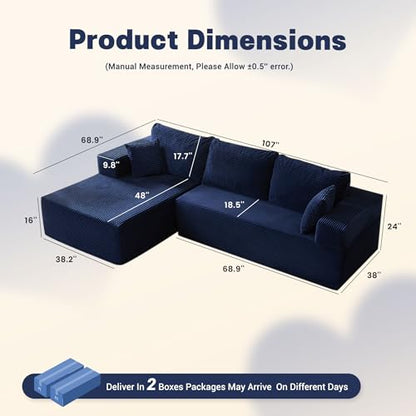 107" Boneless Couch with Deep Seat, Modular Sectional Sofa, Cloud Sectional Couch for Living Room, No Assembly Required, Corduroy, L-Shape Left, Blue