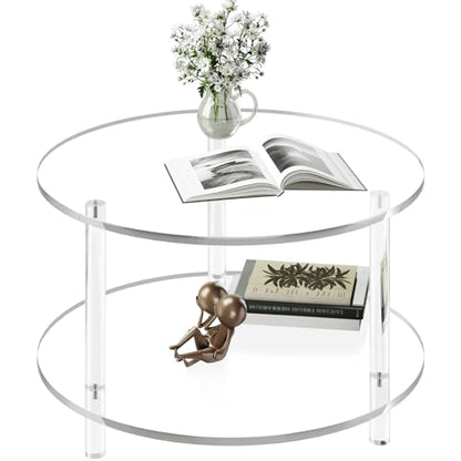 Acrylic Round Coffee Table, 23.6" Wide Modern Tea Table with Storage Shelf, 2-Tier Circle Center Table for Living Room, Office Reception and Apartment (Clear)