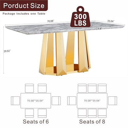Marble Dining Table for 6 People, 70'' Rectangle Faux Marble Dining Table with Mirrored Stainless Steel Base, Large Size Marble Kitchen Table (Gold,Gray)(only Table)