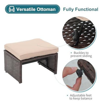 Outdoor Loveseat 3 Piece Patio Furniture Set Outdoor Conversation Set All-Weather Wicker Love Seat with Ottoman/Side Table, Brown Rattan, Beige